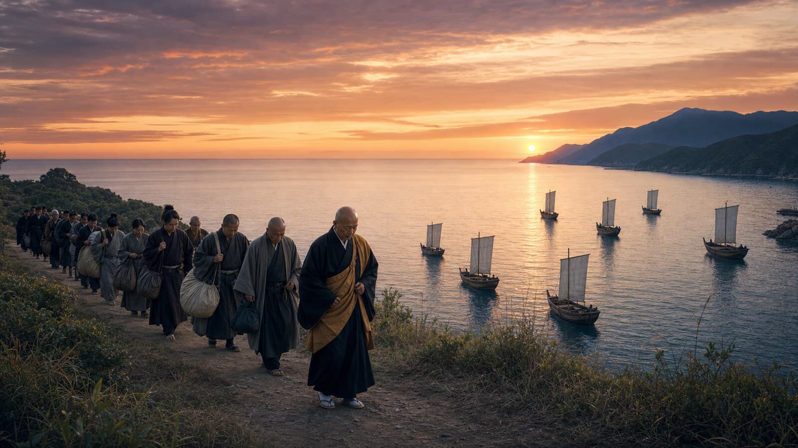 鷺森退去・夕日の海路