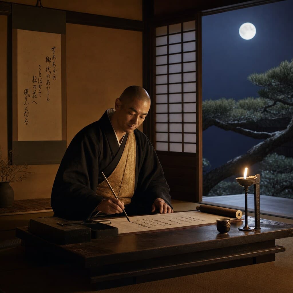 書院に和歌を詠む顕如・文化人としての一面