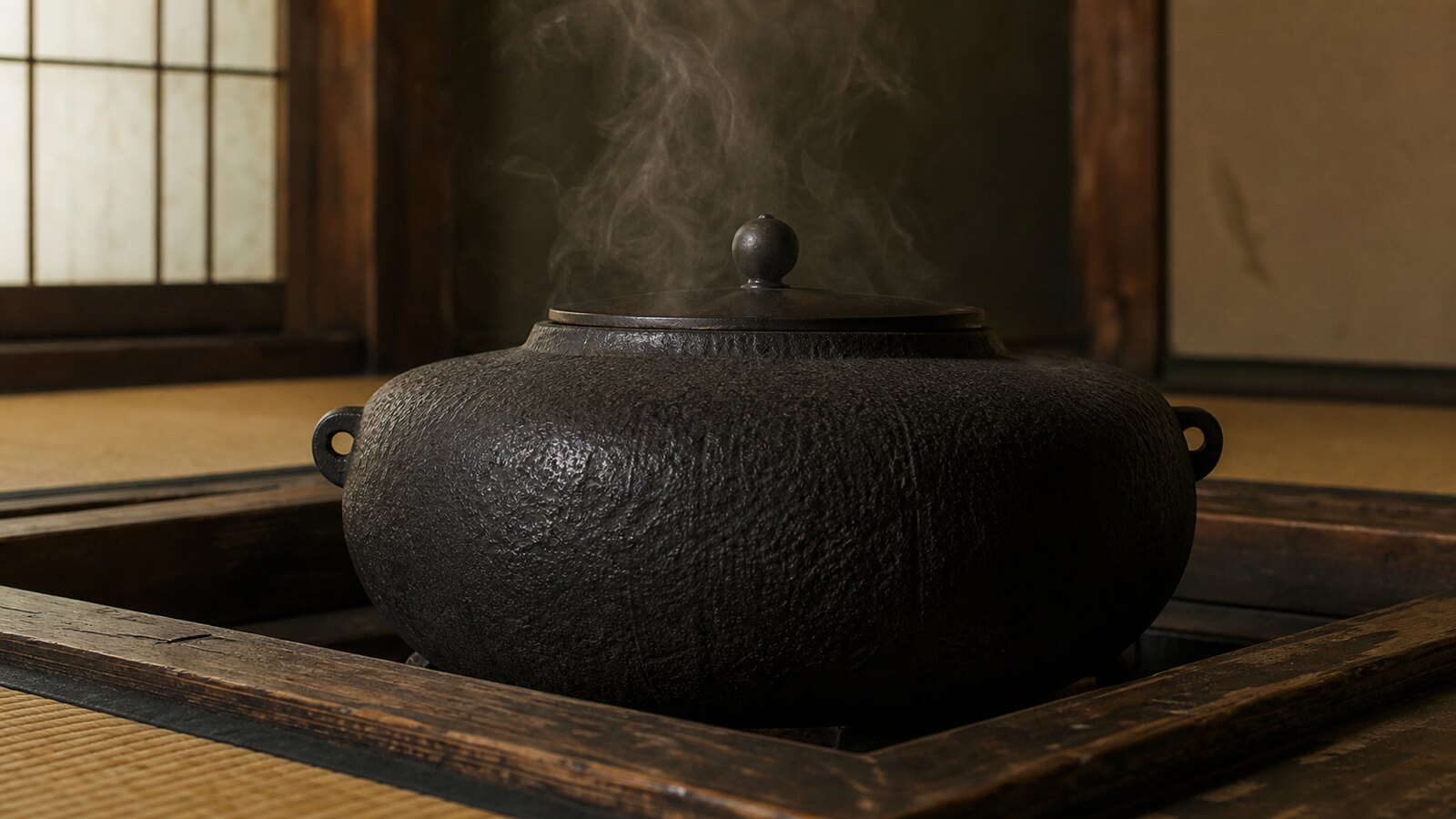 茶室の炉に据えられ、静かに湯気を立てる乙御前の釜。大河ドラマ調の陰影で描いた侘びた一場面。