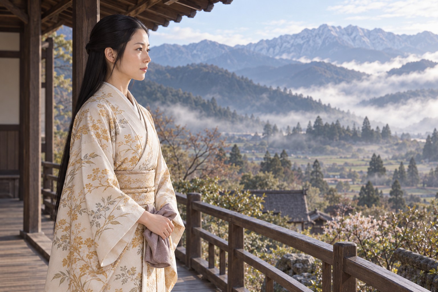 甲斐の山並みを望む若い阿茶局。人物・衣服・屋敷はAIによる想像復元（AI生成イメージ）