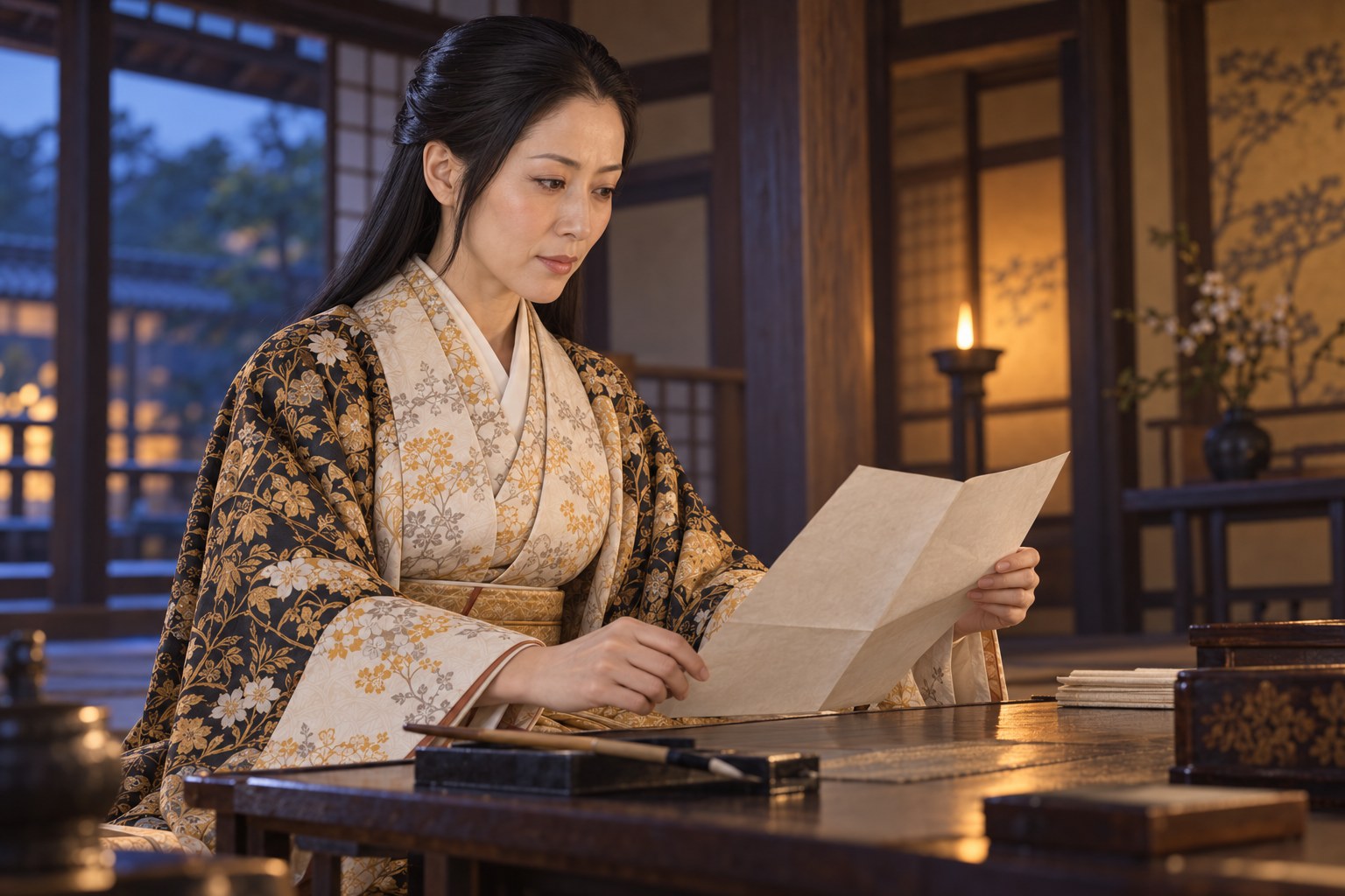 文書を確かめる壮年の阿茶局。用務に携わる姿の想像復元で、現存書状や実際の執務室の再現ではない（AI生成イメージ）