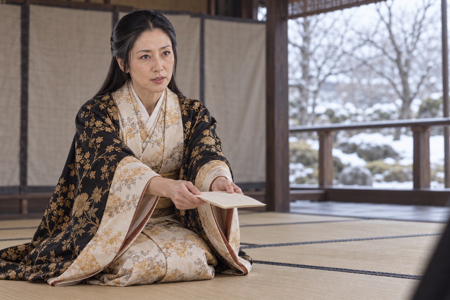 書付を差し出す晩年の阿茶局。1614年の和睦交渉を題材にした想像復元で、会談の実景ではない（AI生成イメージ）