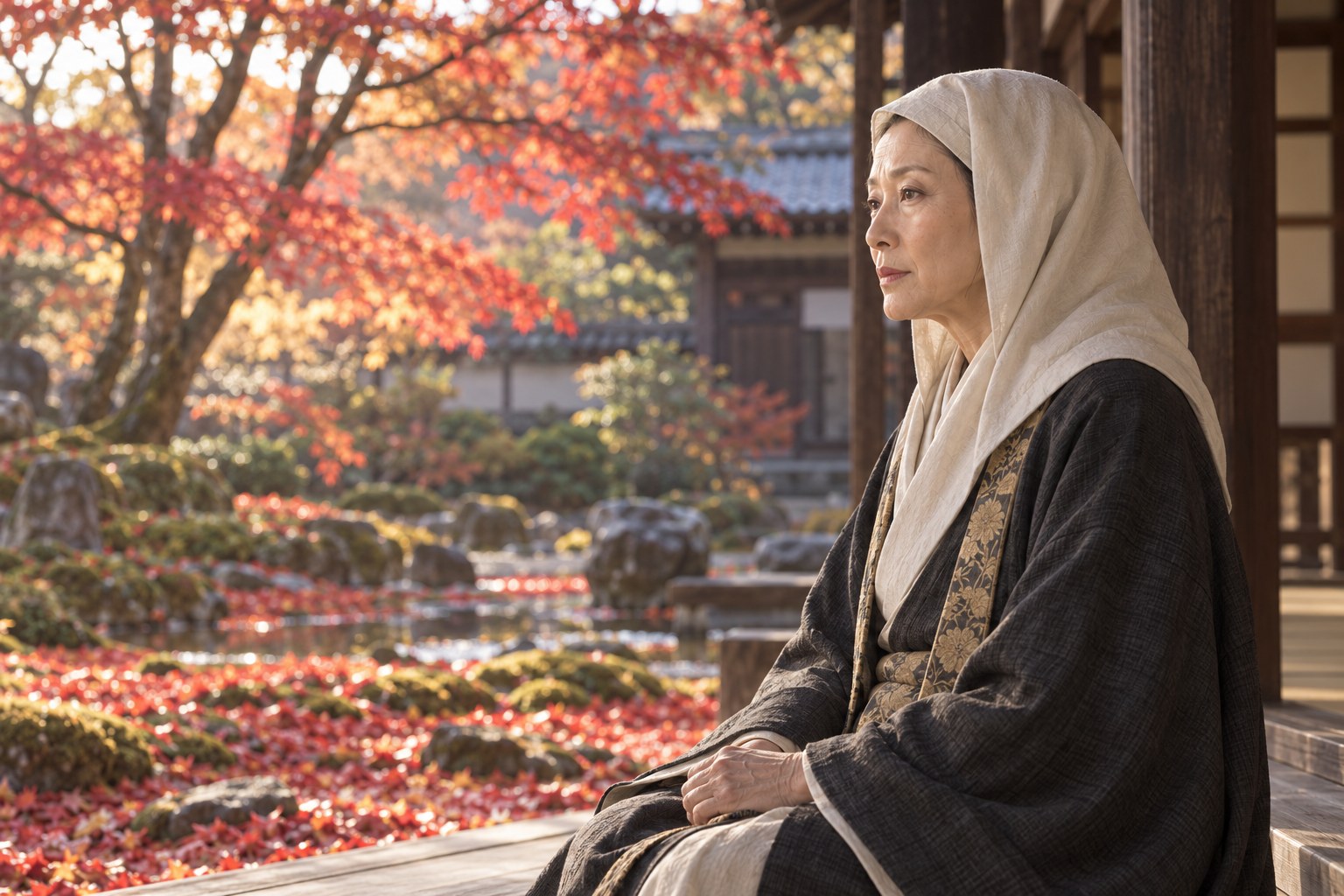 庭を眺める出家後の阿茶局。1630年代の晩年を題材とする想像復元で、臨終場面ではない（AI生成イメージ）