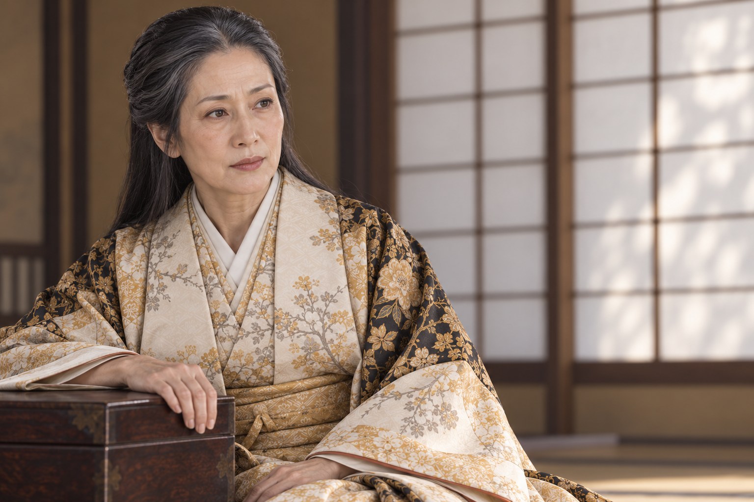 文箱を前に考える晩年の阿茶局。縁談が話題となった時期の想像復元で、本人が交渉した場面ではない（AI生成イメージ）