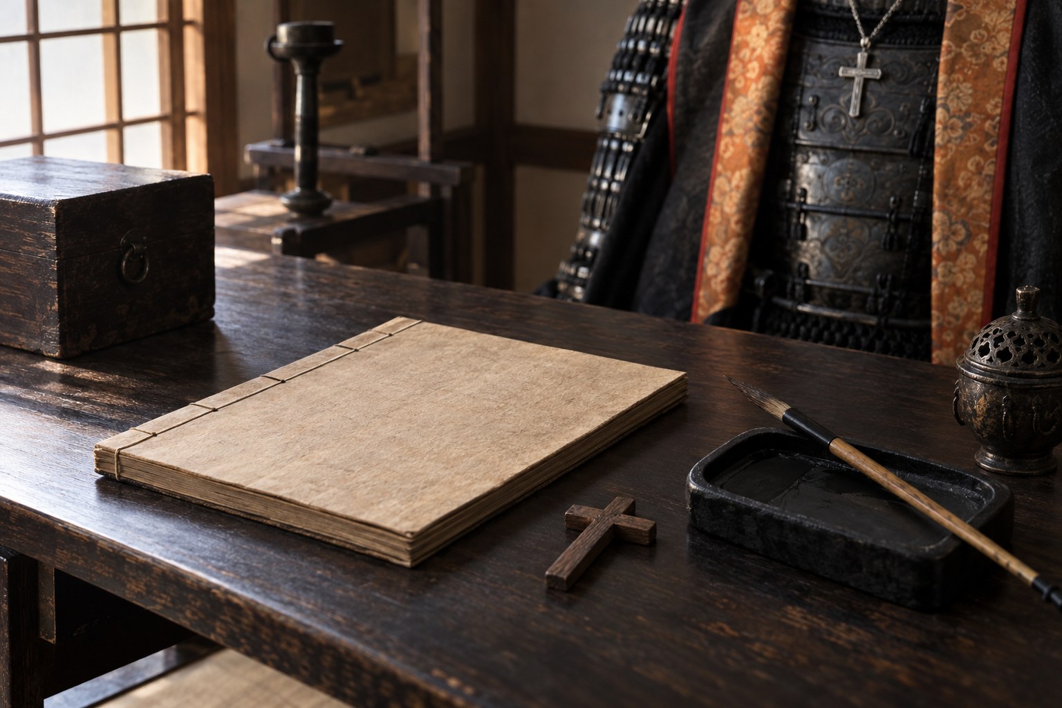 複数の記録を読むことを表す帳面と筆の静物(AI生成)。実在文書の複製ではない(AI生成イメージ)
