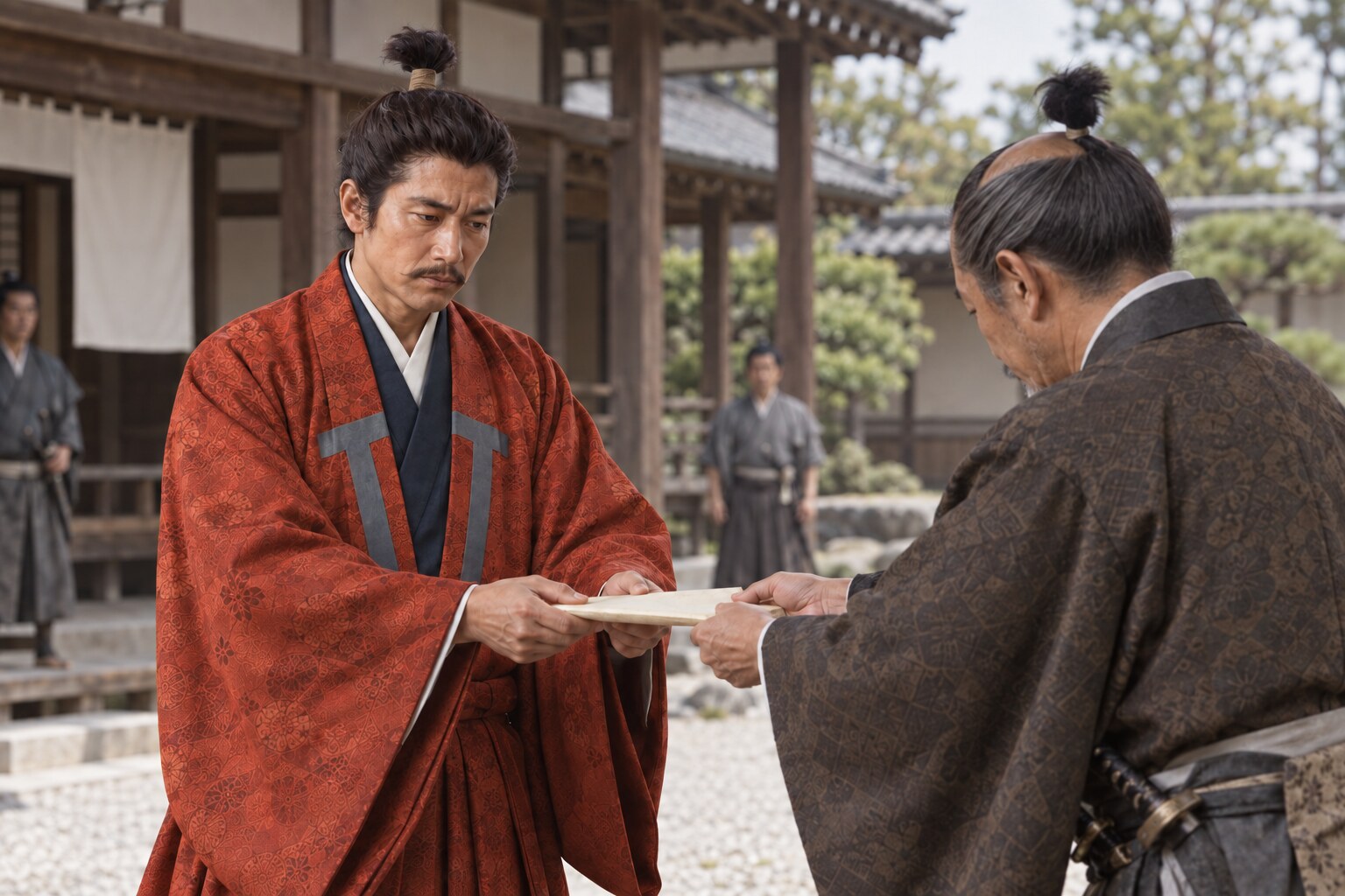 土地に関する文書を受け取る領主の姿を描いたAI想像図（AI生成イメージ）