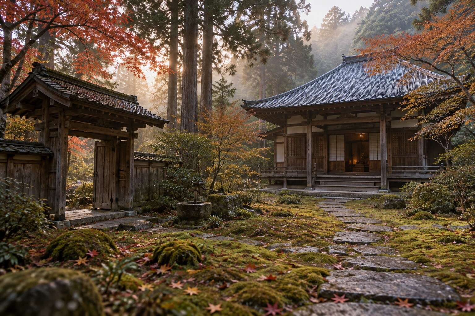 赤座家を伝える寺の静けさをイメージしたAI想像図。棟岳寺の実景ではない（AI生成イメージ）