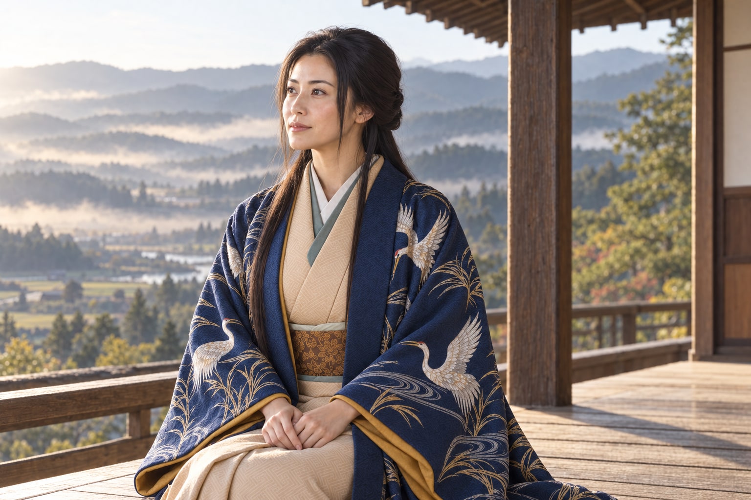 美濃の山並みを背景にした熙子の想像図。出生地や少女期の実景を示すものではない(AI生成イメージ)