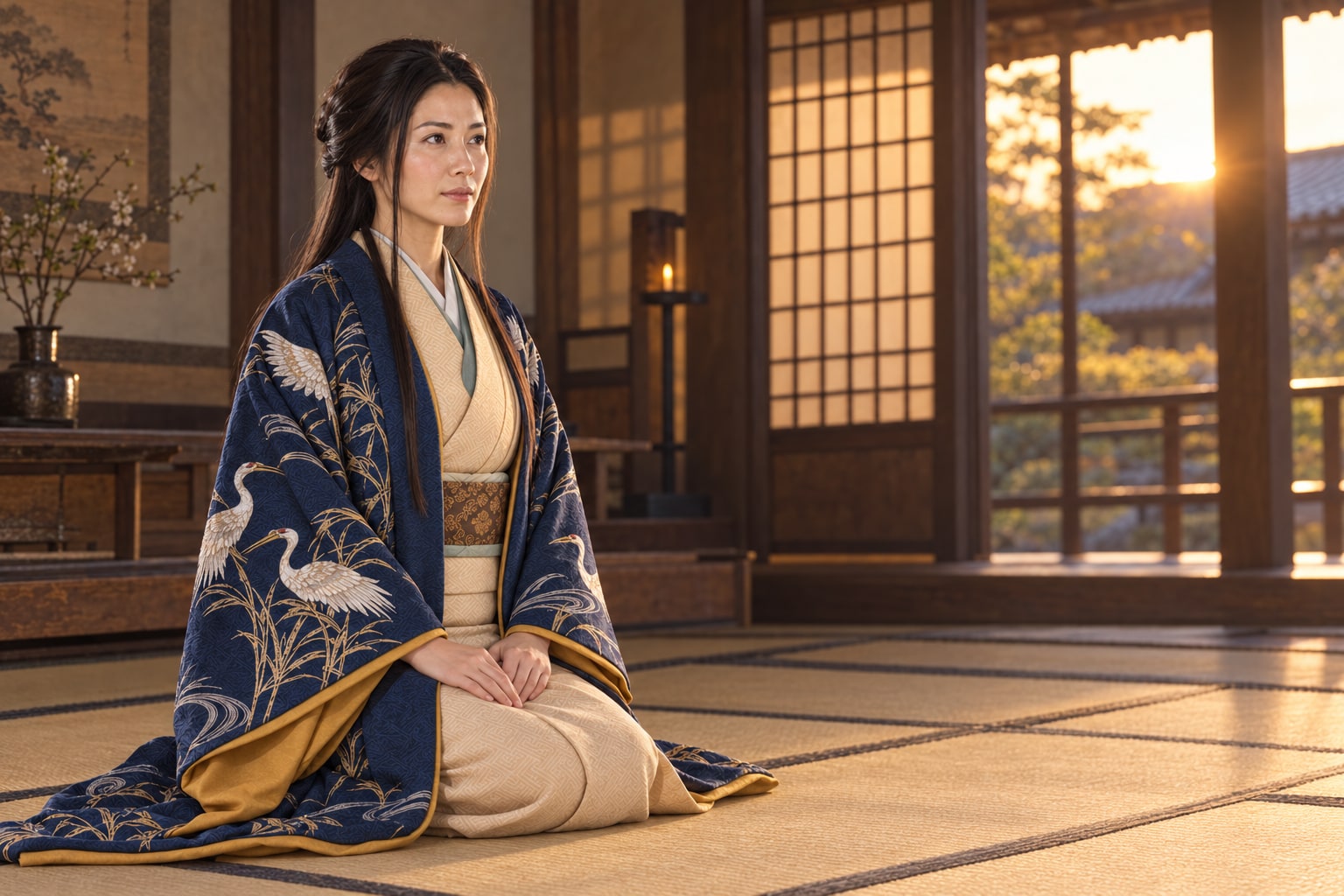 居室に座る熙子を描いた想像図。実際の婚礼や疱瘡の症状の再現ではない(AI生成イメージ)