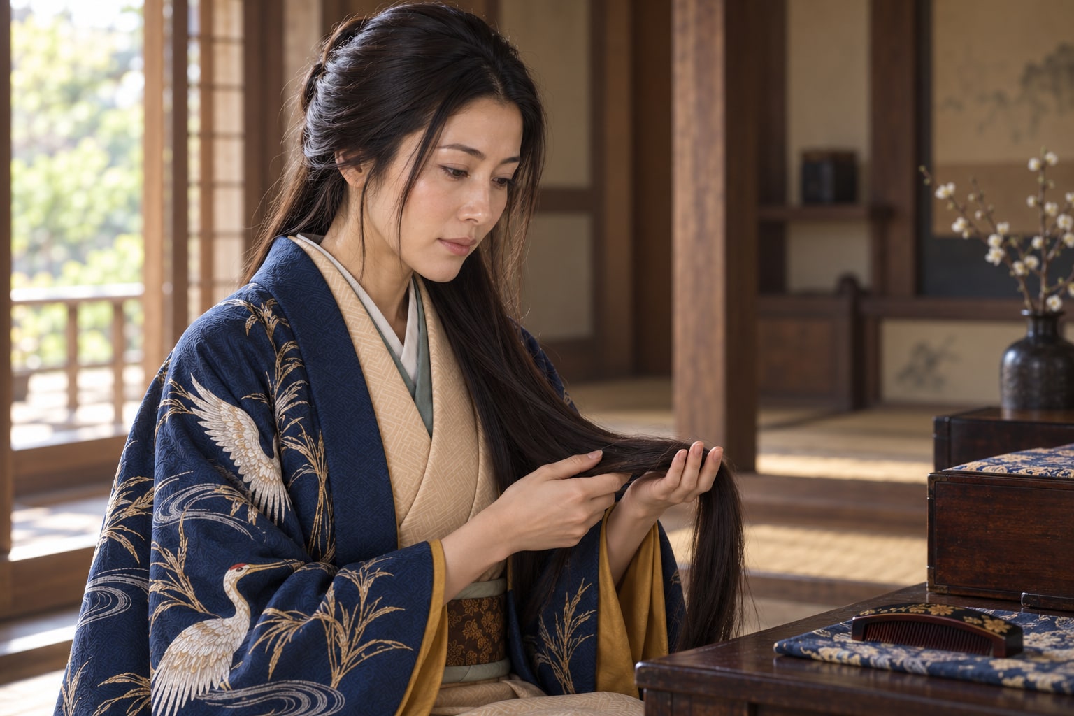 髪売り伝承を思わせる熙子の想像図。髪を売った現場や金額を示す史料の再現ではない(AI生成イメージ)
