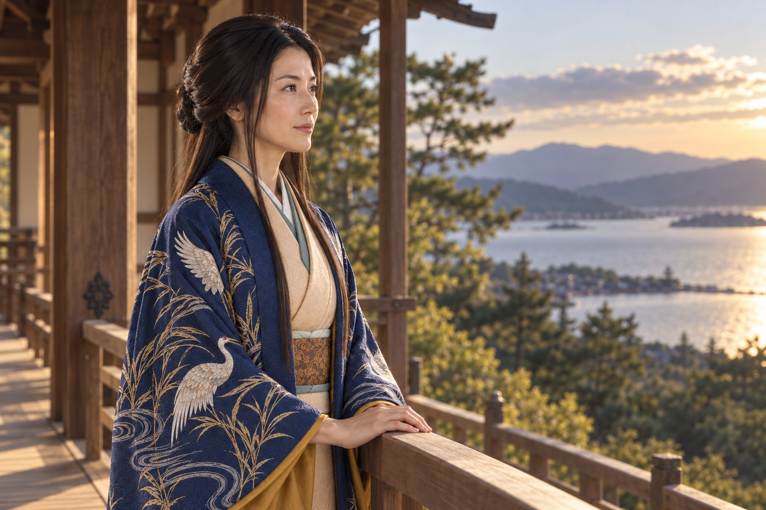 琵琶湖を望む熙子の想像図。坂本での具体的な外出や参拝を再現したものではない(AI生成イメージ)