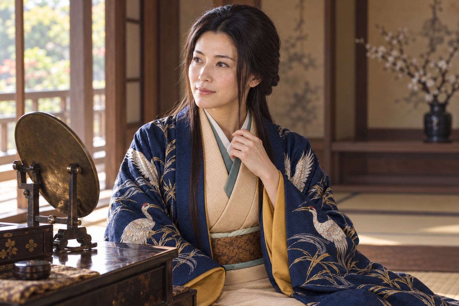 鏡のそばにいる熙子の想像図。本人の容貌や疱瘡の痕を再現した肖像ではない(AI生成イメージ)