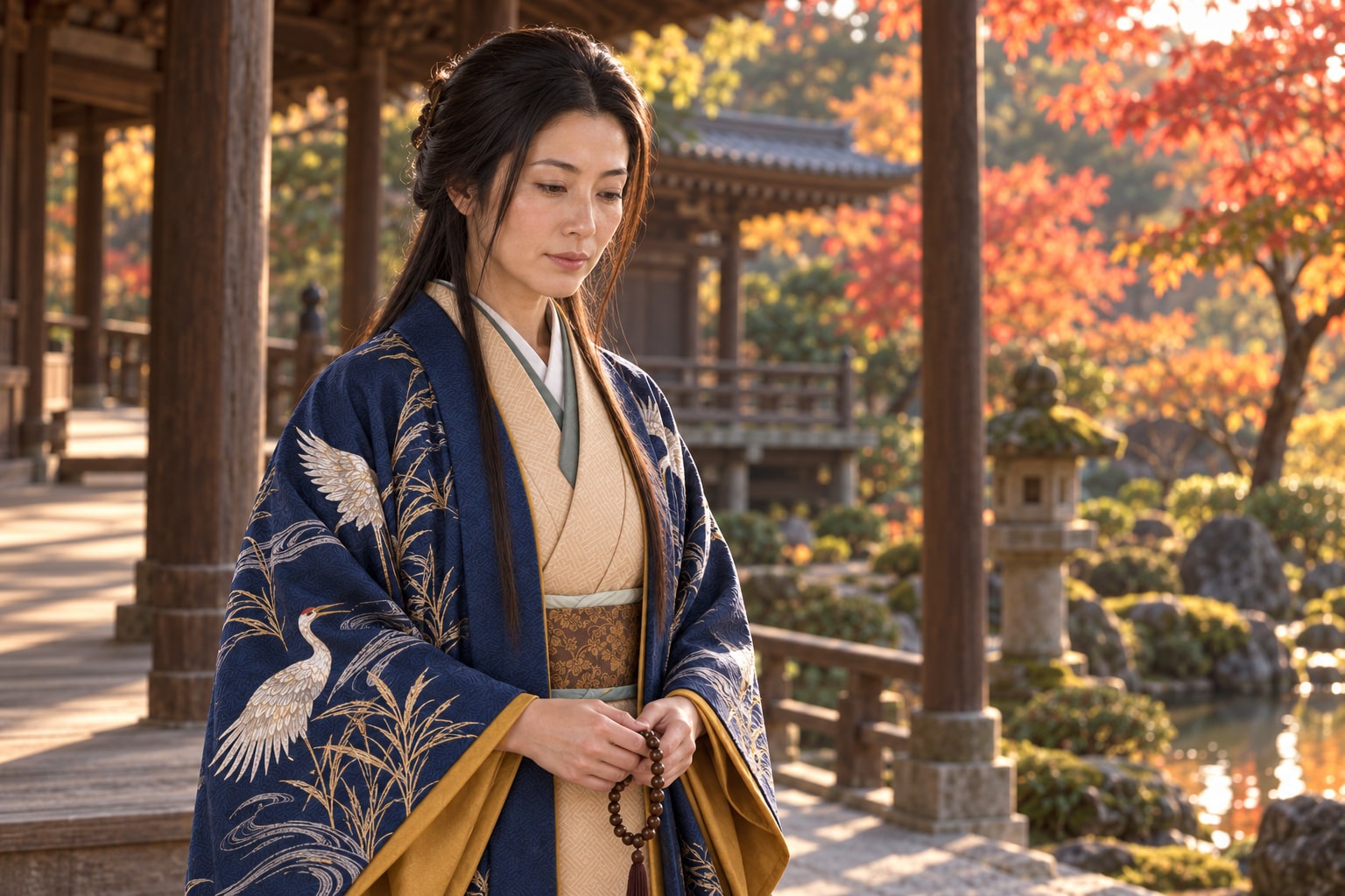 寺院の庭に熙子を描いた想像図。葬儀や本人の参詣の実景を示すものではない(AI生成イメージ)