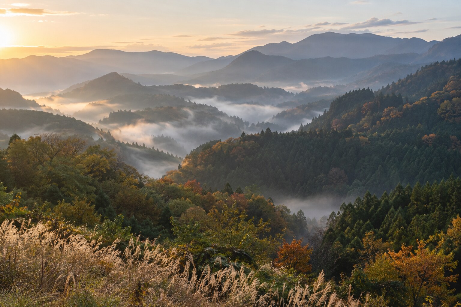 岩村周辺の山並みを思わせる風景の想像図（AI生成イメージ）