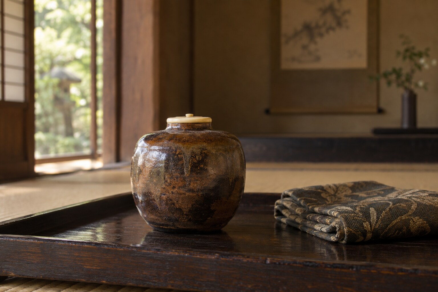 肩衝茶入の想像図。楢柴そのものの復元ではない（AI生成イメージ）