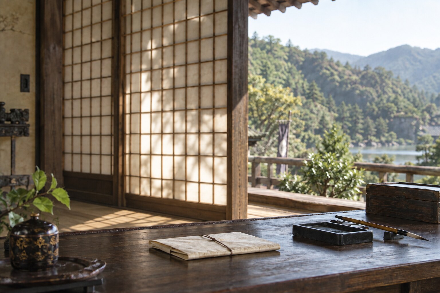 書状と硯を配した想像図。実在する宣教師書簡の複製ではない（AI生成イメージ）