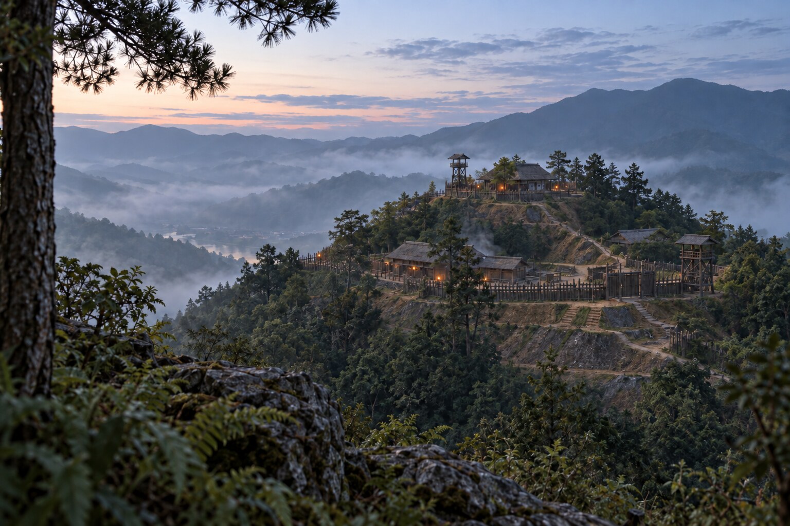 16世紀の美濃の山城をイメージした情景。稲葉山城の復元図ではない（AI生成イメージ）