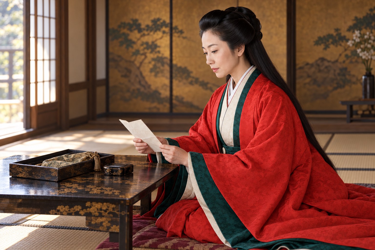 室内で文を手にする朝日姫の想像図。実在の書状や離縁の場面を再現したものではない(AI生成イメージ)
