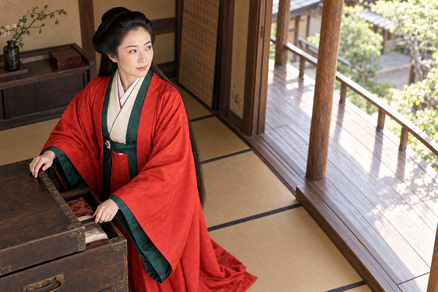旅支度をする朝日姫の想像図。婚姻交渉時の行動や心情を示す史料ではない(AI生成イメージ)