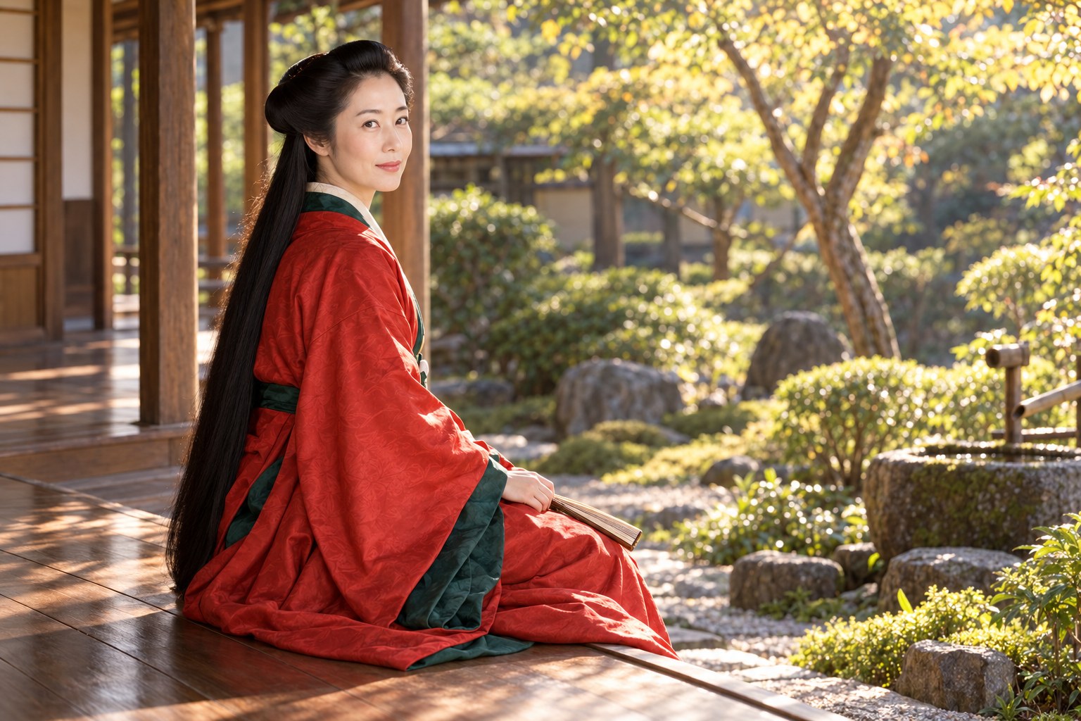 庭を望む朝日姫の想像図。駿河での日常を具体的に記録したものではない(AI生成イメージ)