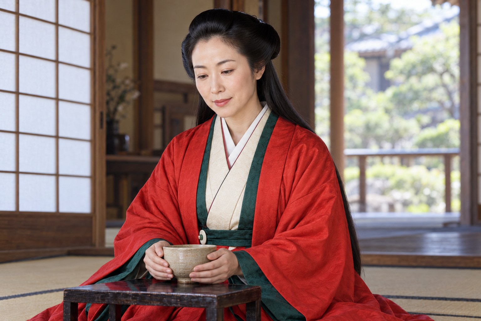 京都の室内で静かに過ごす朝日姫の想像図。病状や臨終の再現ではない(AI生成イメージ)