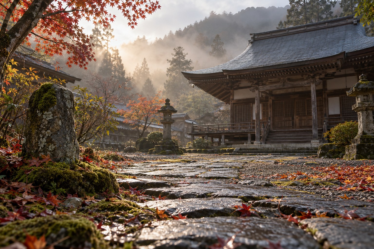 供養の場を思い描いた無人の寺院風景。瑞龍寺や東福寺の現況を再現した画像ではない(AI生成イメージ)