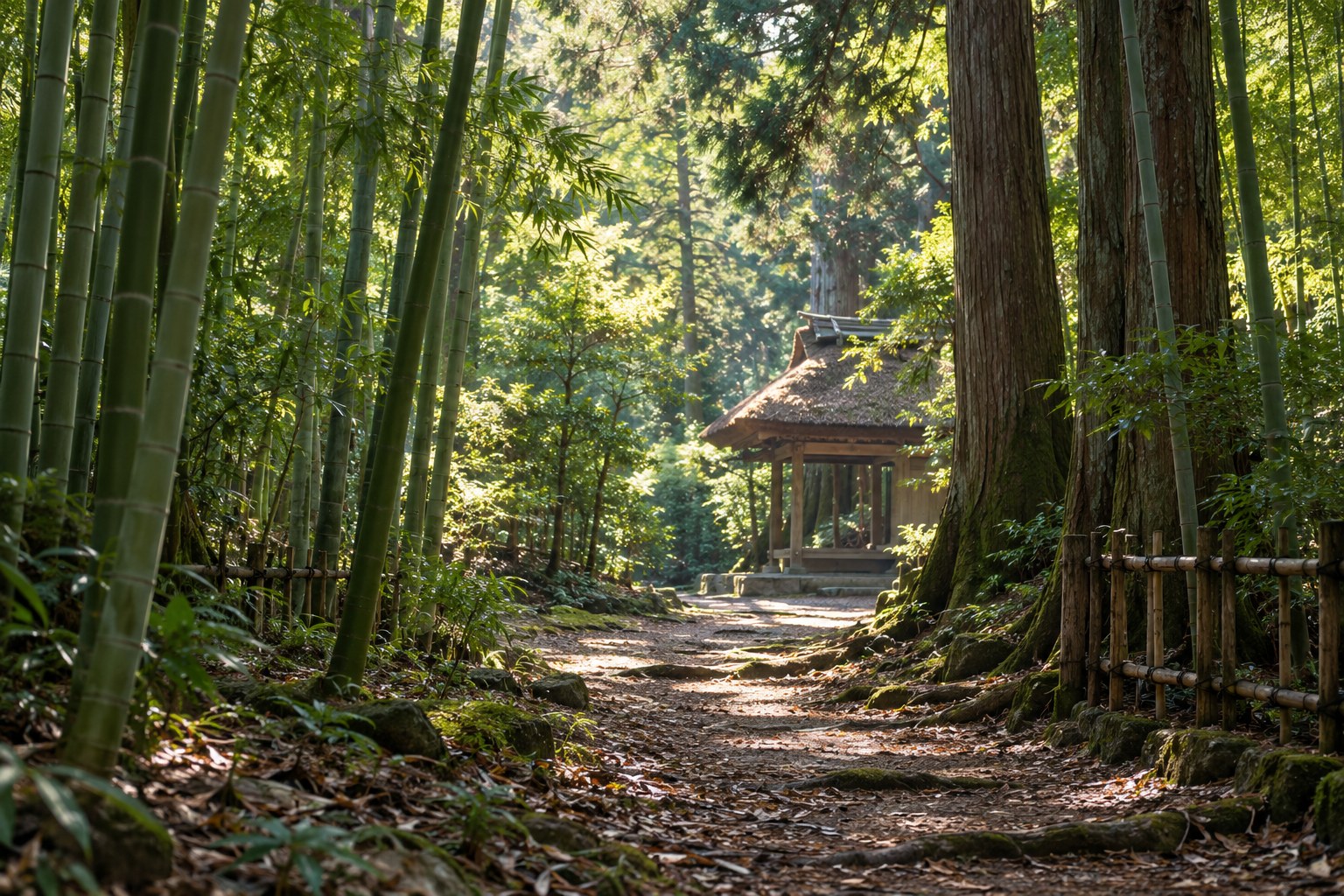 竹木に囲まれた供養の場の想像図。史跡の現況や朱印状の文面は再現していない(AI生成イメージ)