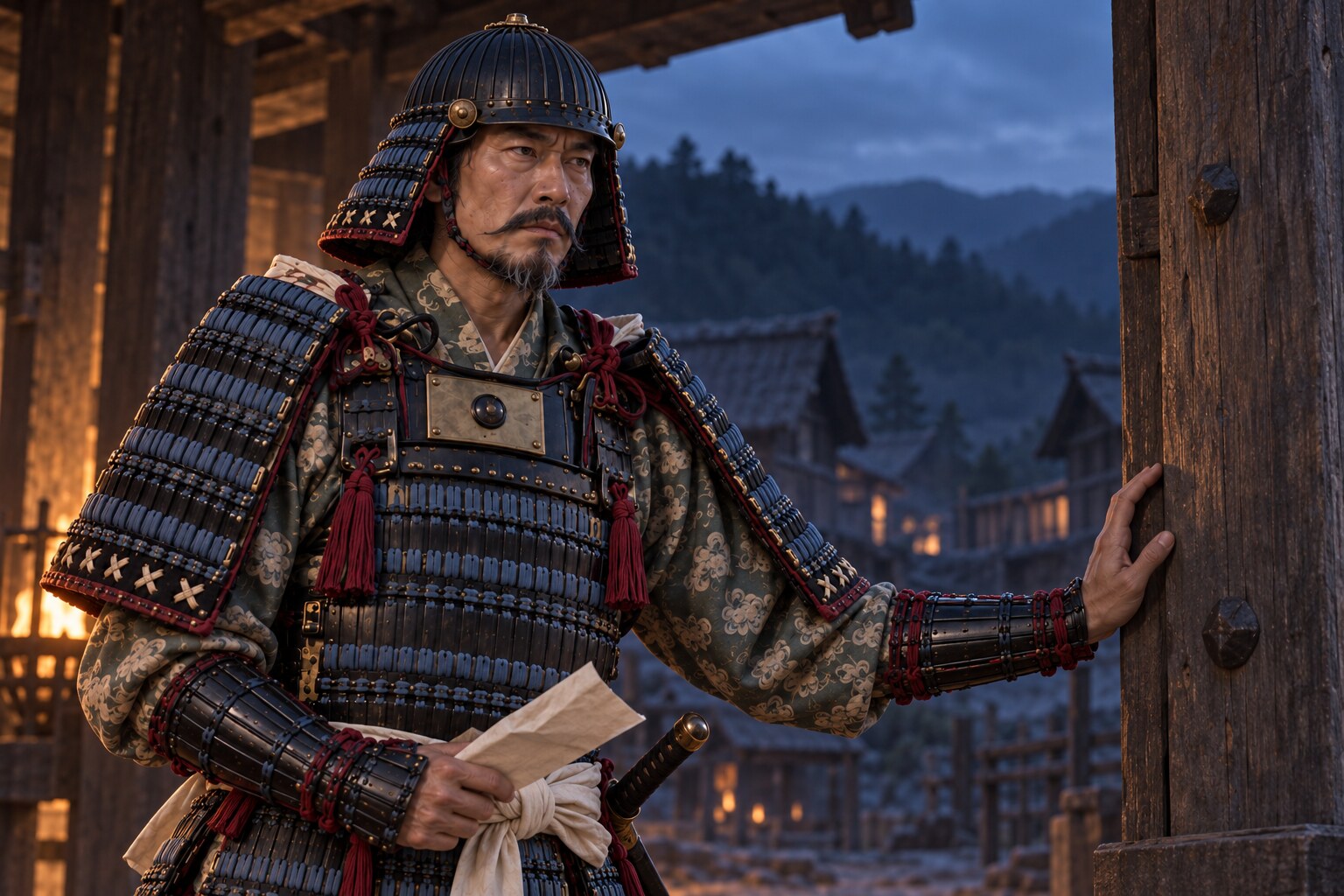 敗戦の局面をイメージした景鏡の姿。表情や所作は創作(AI生成)(AI生成イメージ)