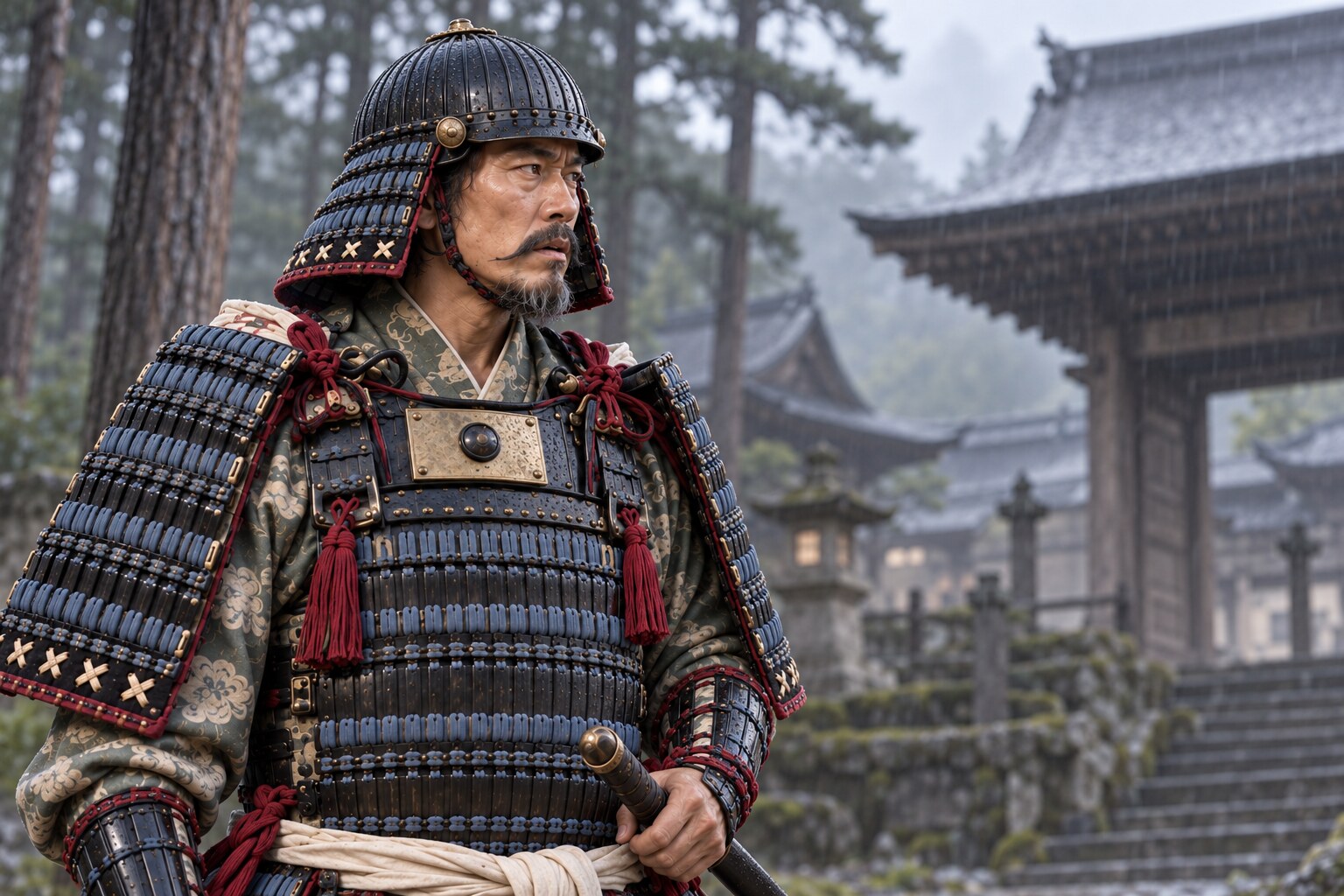 平泉寺の戦いに臨む景鏡の想像場面。死の瞬間や寺の実際の配置は描いていない(AI生成)(AI生成イメージ)