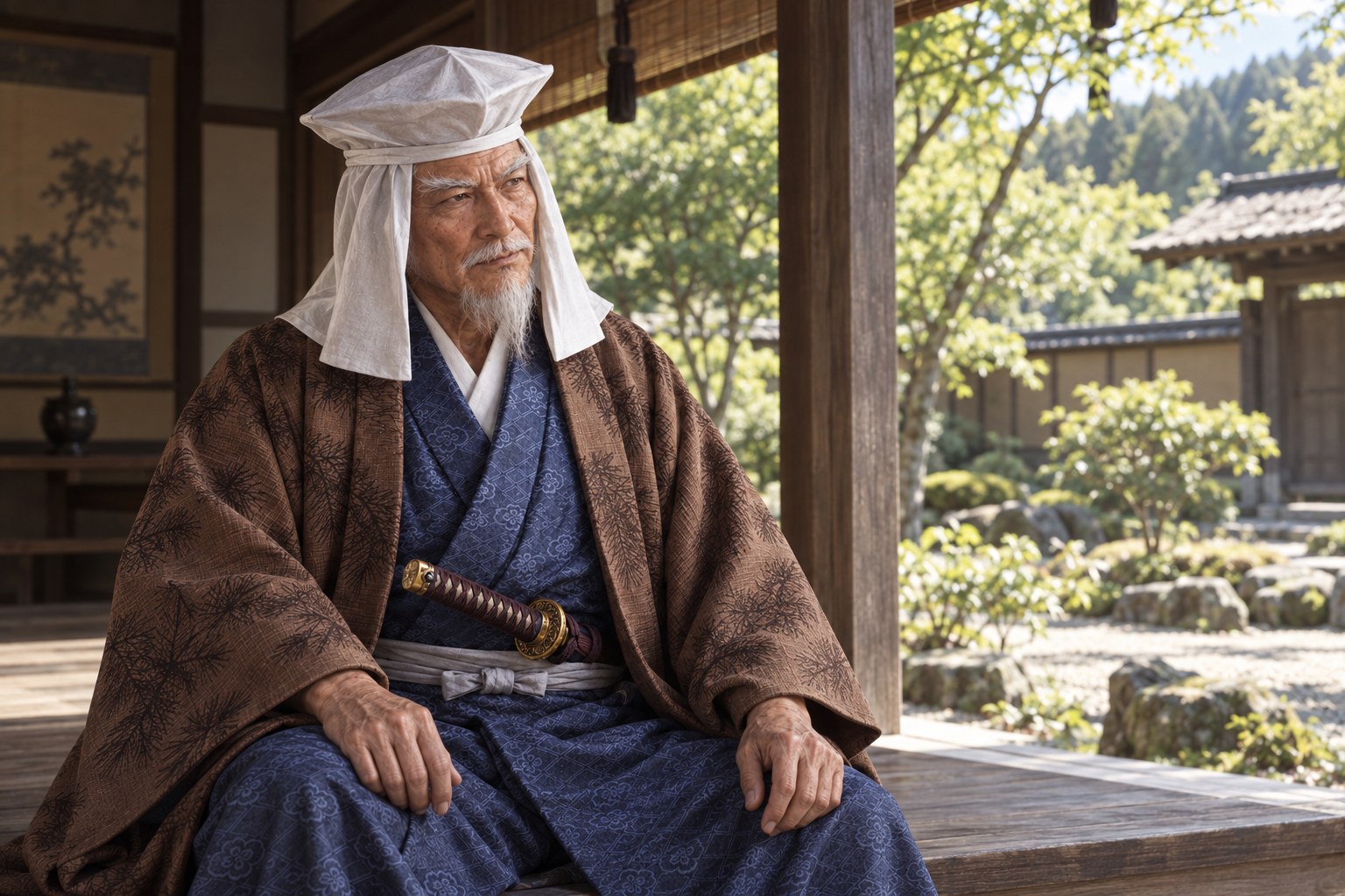 晩年の宗滴と一乗谷の庭を描く想像図（AI生成イメージ）