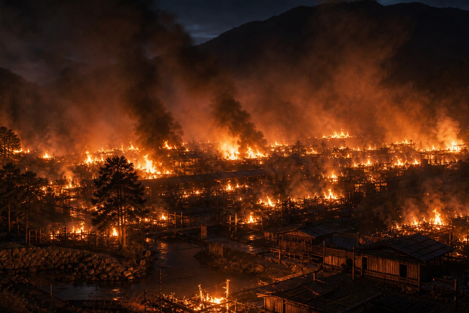 一乗谷炎上——義景の居城が灰燼に帰した夜(AI生成イメージ)