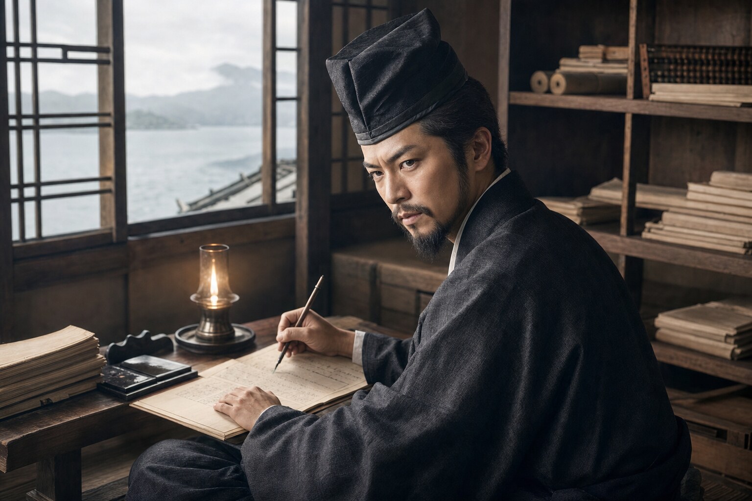 長浜の城下で秀吉の文書を裁く長政（AI生成イメージ）