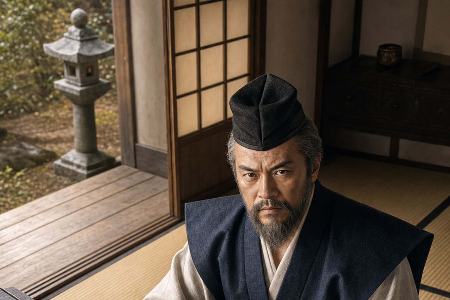 京都の御所司代邸で太閤検地の朱印状を確認する長政（AI生成イメージ）