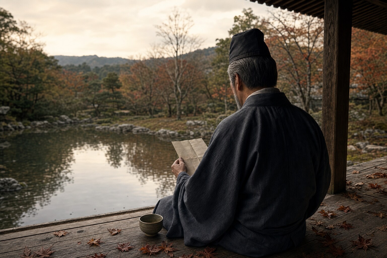 真壁の隠居所で江戸の便りを読む晩年の長政（AI生成イメージ）