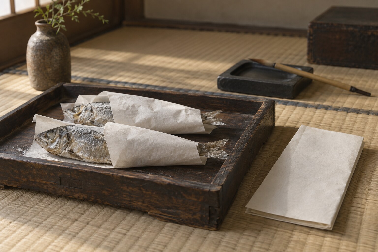 塩肴と礼状のやり取りをイメージした静物。実物史料の複製ではない(AI生成イメージ)