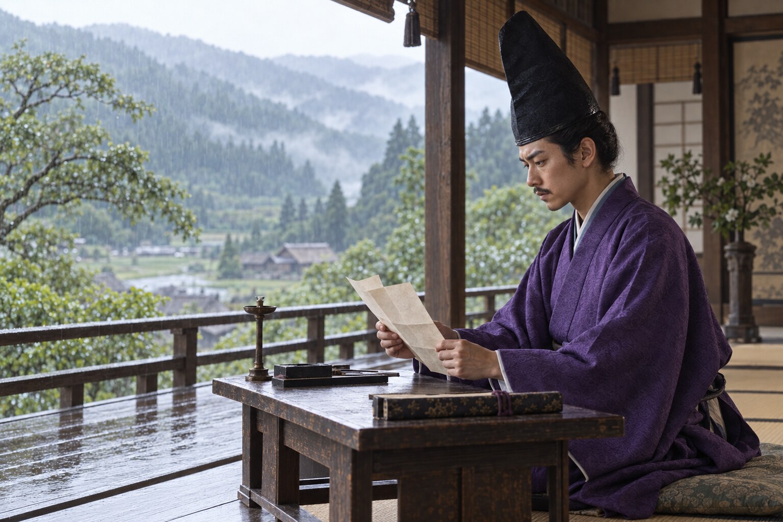 朽木の居所で書状に目を通す義輝の想像場面(AI生成)(AI生成イメージ)