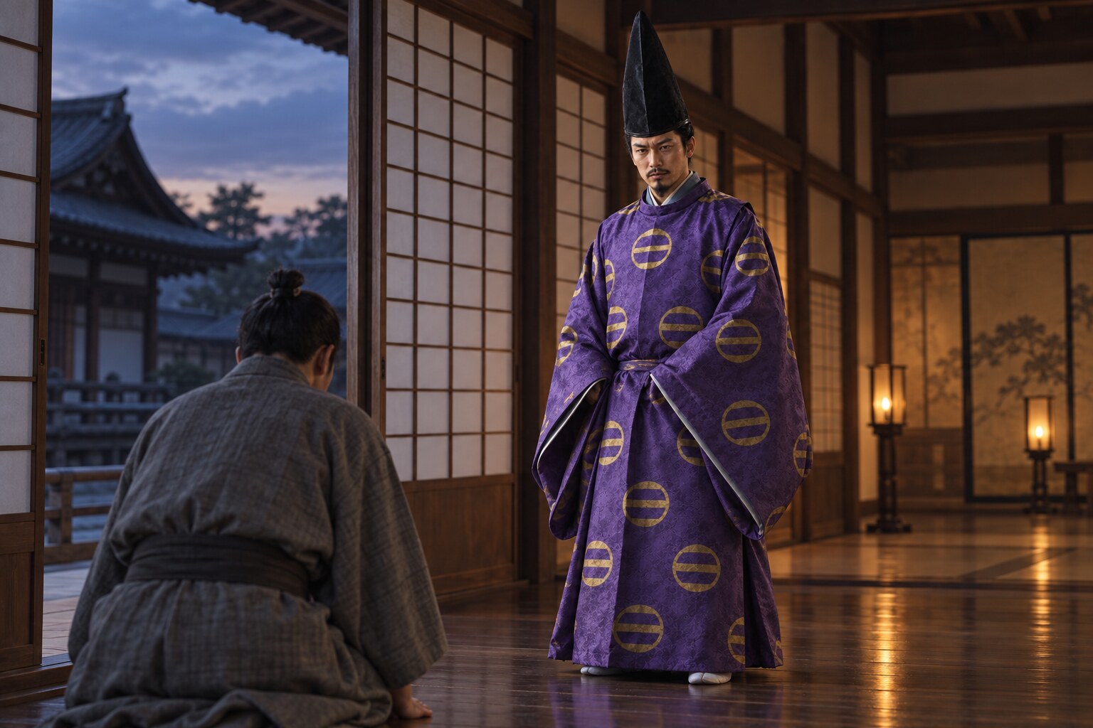 京都の御所で使者の報告を受ける晩年の義輝の想像場面(AI生成)(AI生成イメージ)