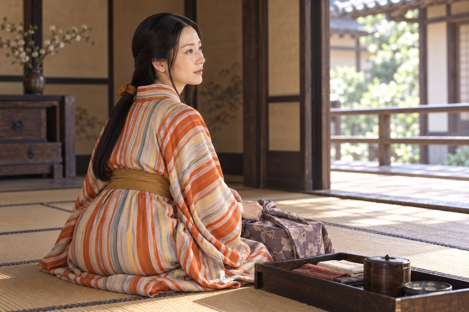 婚家での暮らしを表す綾御前の想像図。婚礼当日や実在の居館の復元ではない(AI生成イメージ)