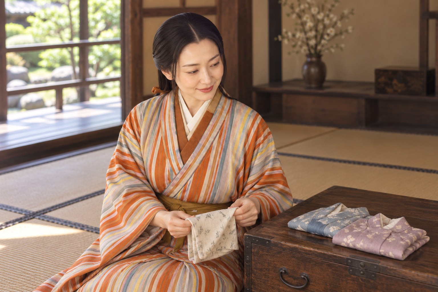 子供の衣を前にした綾御前の想像図。特定の日の育児風景を再現したものではない(AI生成イメージ)