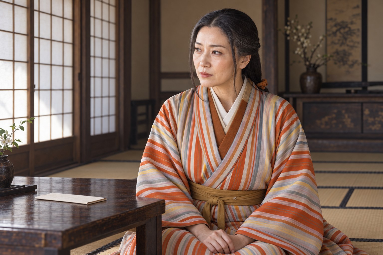 御館の乱の時代を表す綾御前の想像図。所在・支持勢力・感情を示す史料ではない(AI生成イメージ)