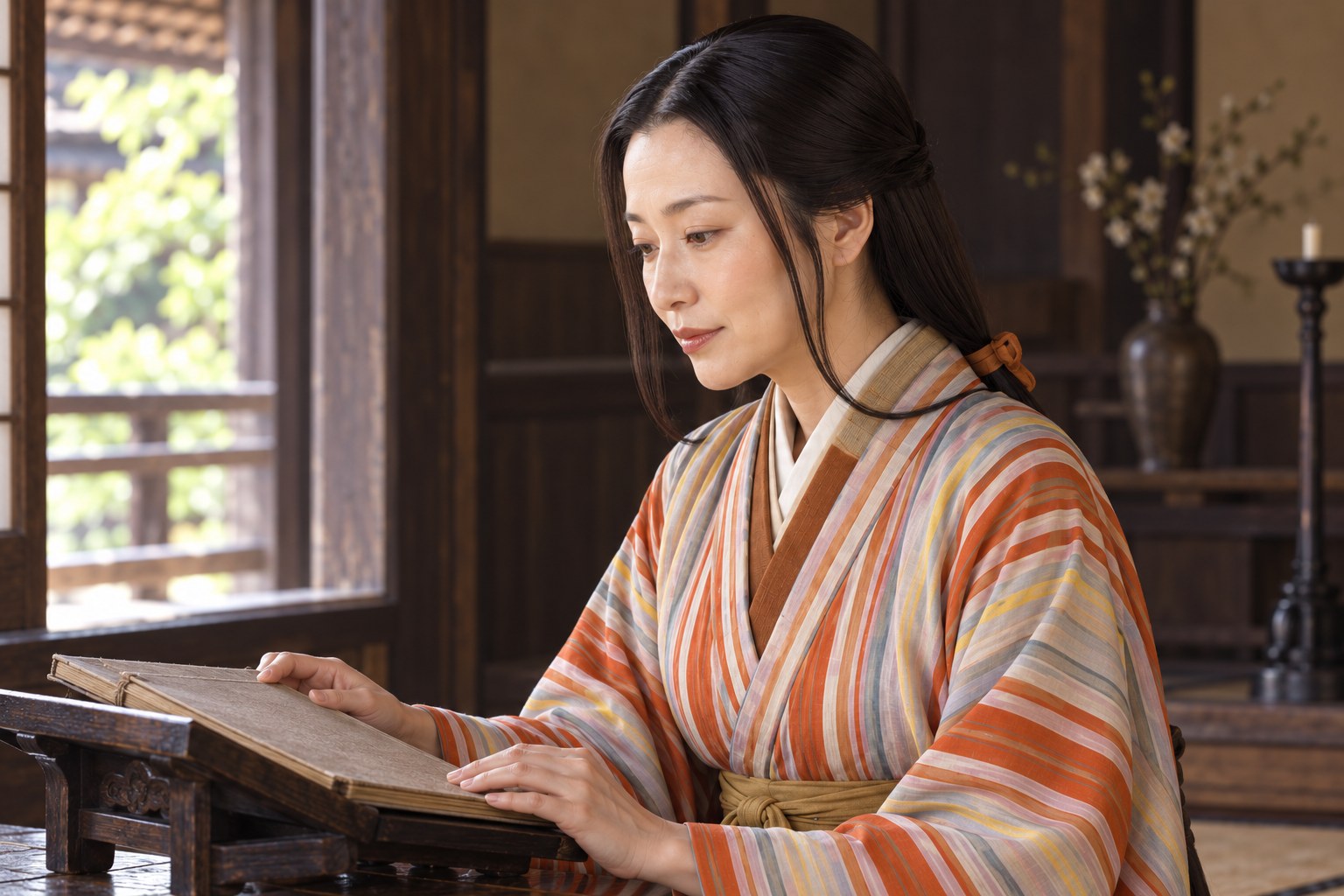 呼称の読み分けを表す綾御前の想像図。手元の冊子は実在史料ではない(AI生成イメージ)