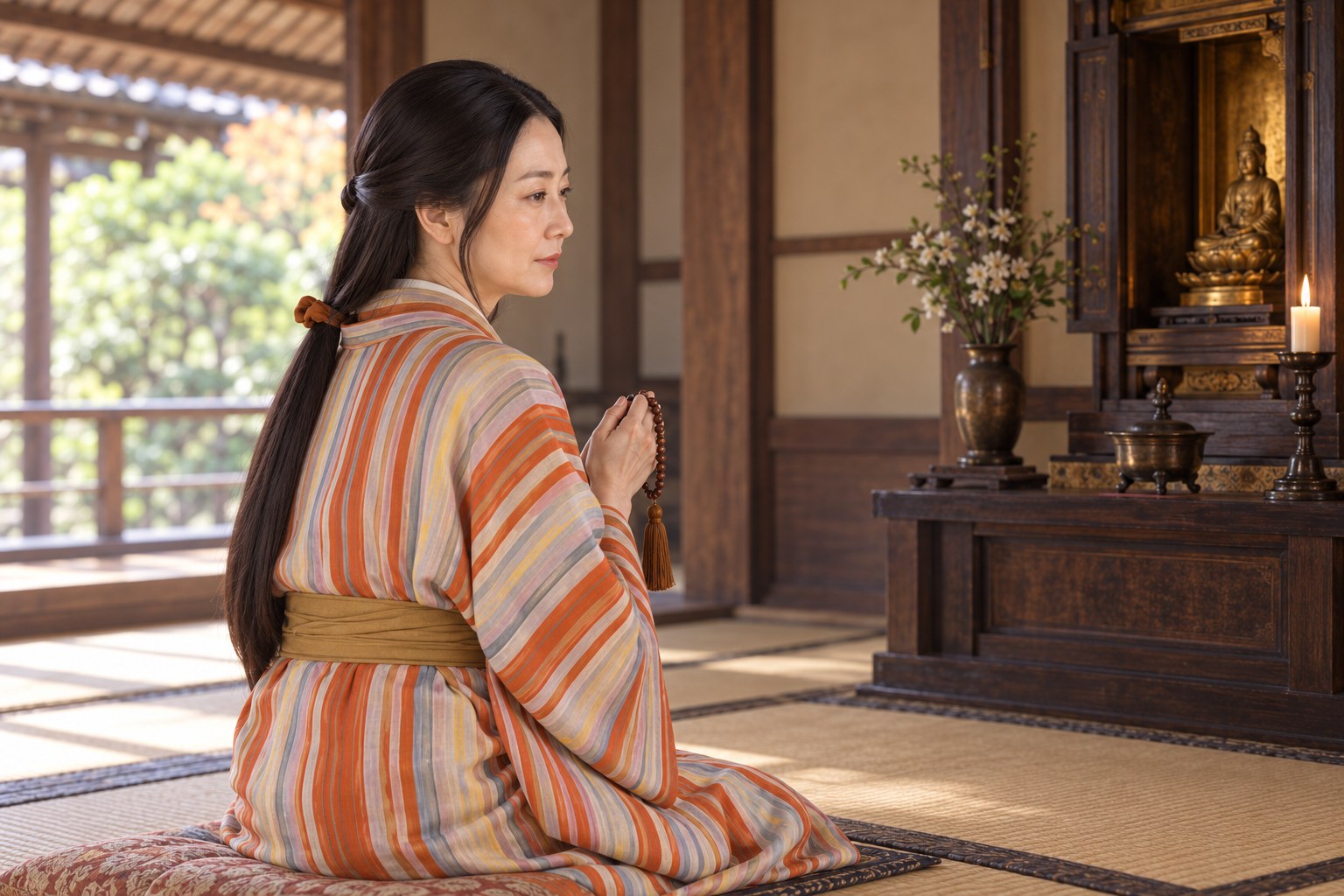 供養の営みを表す綾御前の想像図。長尾政景夫妻画像の模写ではない(AI生成イメージ)