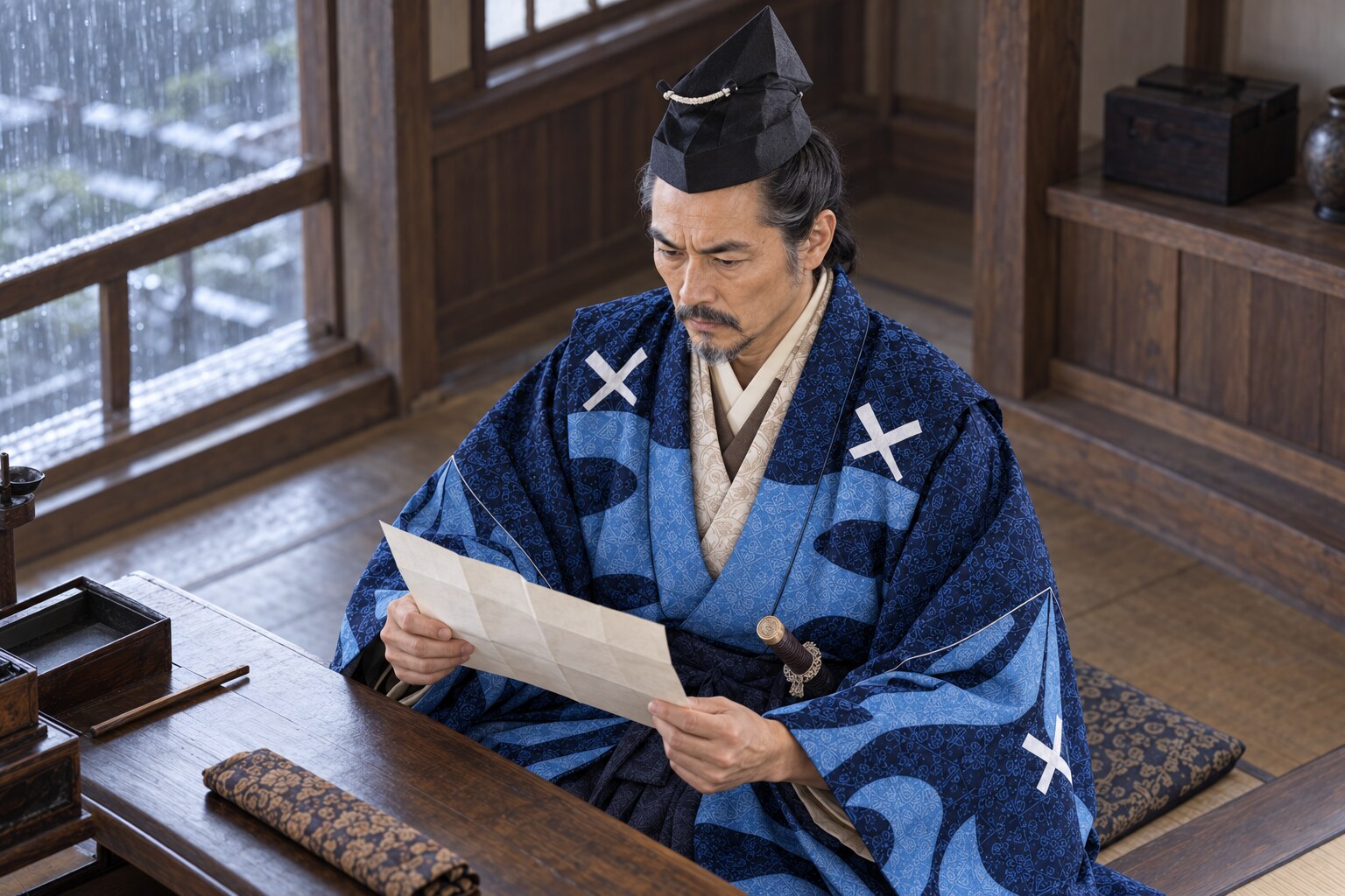 文書に向き合う久政の想像復元。六角氏との交渉をイメージ（AI生成イメージ）