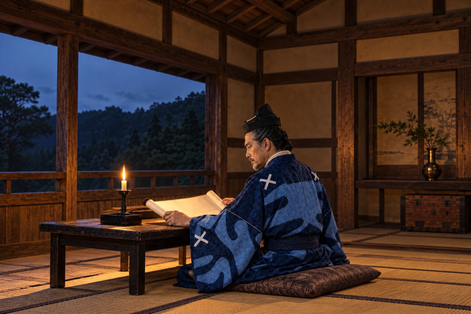 夕暮れの城内で文書を読む久政の想像復元（AI生成イメージ）