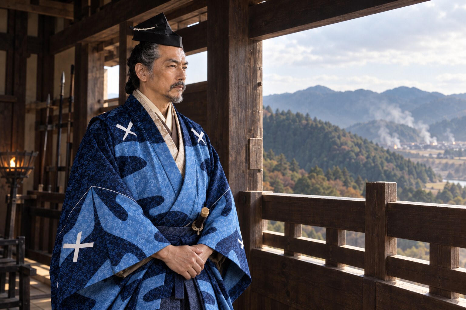 包囲下の山城に立つ久政の想像復元（AI生成イメージ）