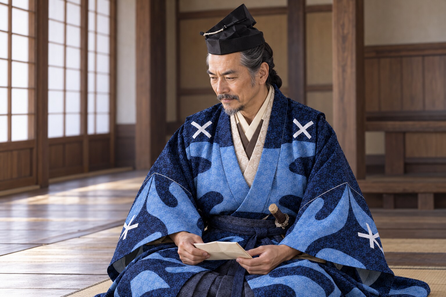 書状を手にする久政の想像復元（AI生成イメージ）