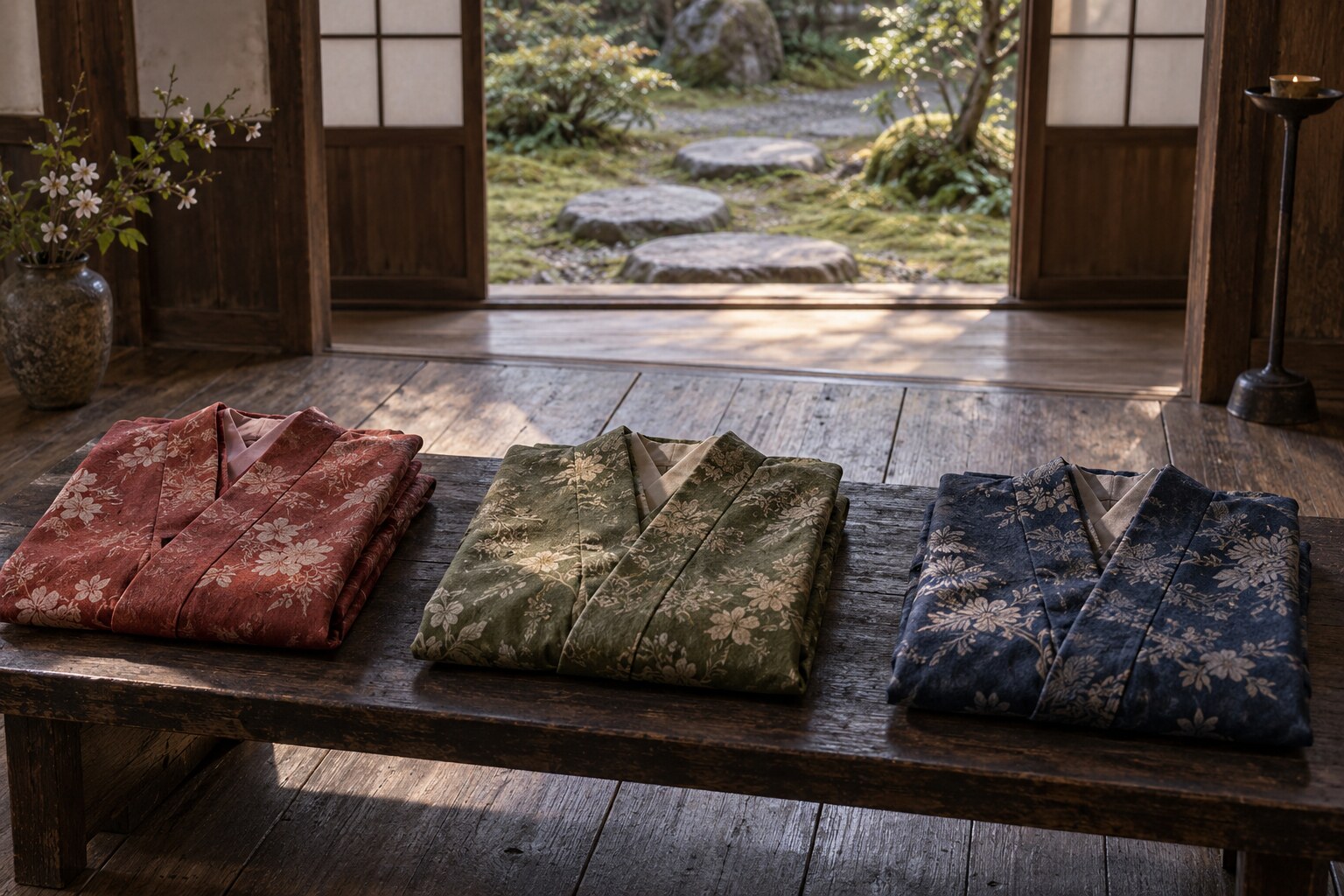 三姉妹の異なる歩みを三色の小袖で表したイメージ(AI生成イメージ)