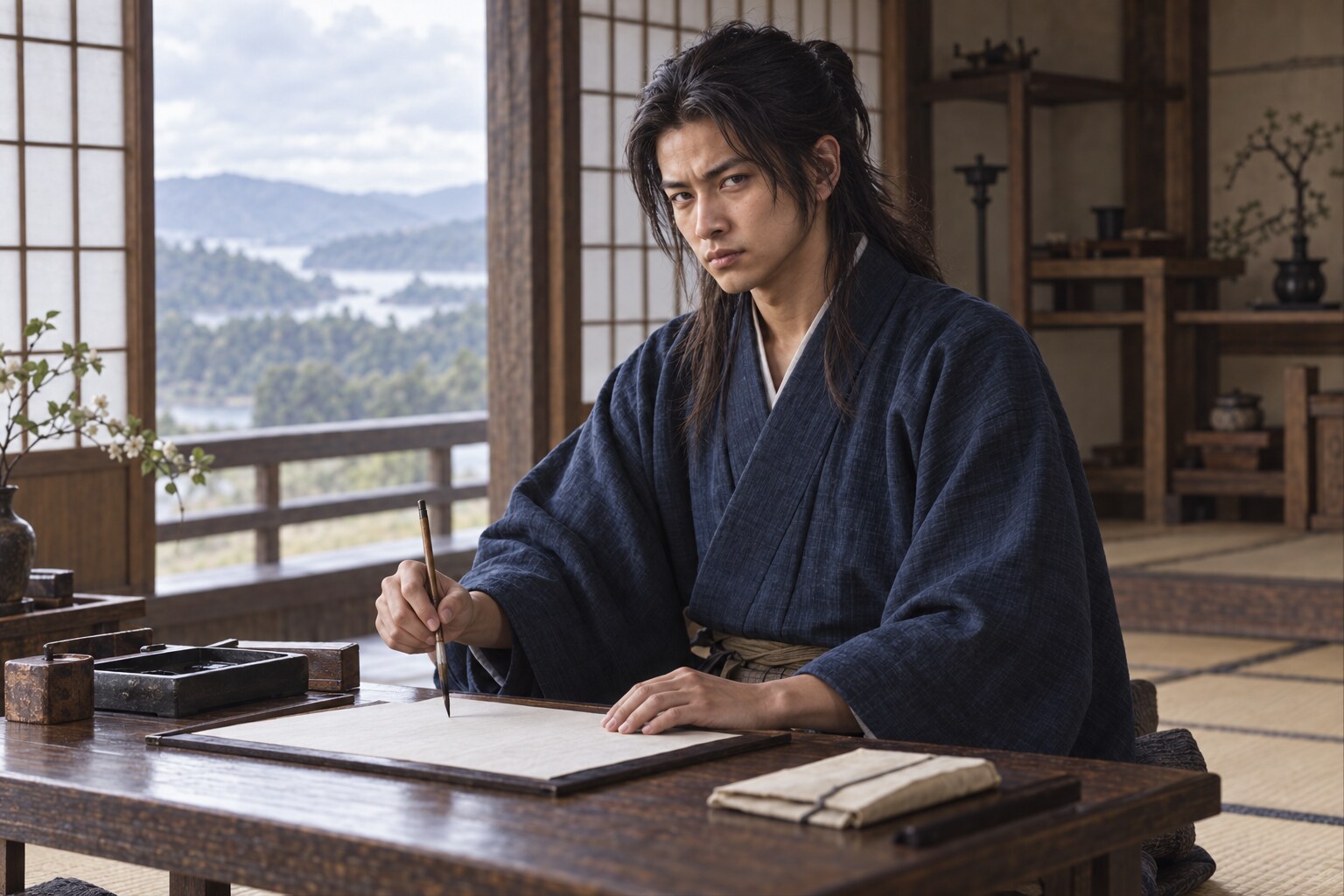 書状をしたためる長政の想像図。下坂家文書の復元ではない(AI生成イメージ)