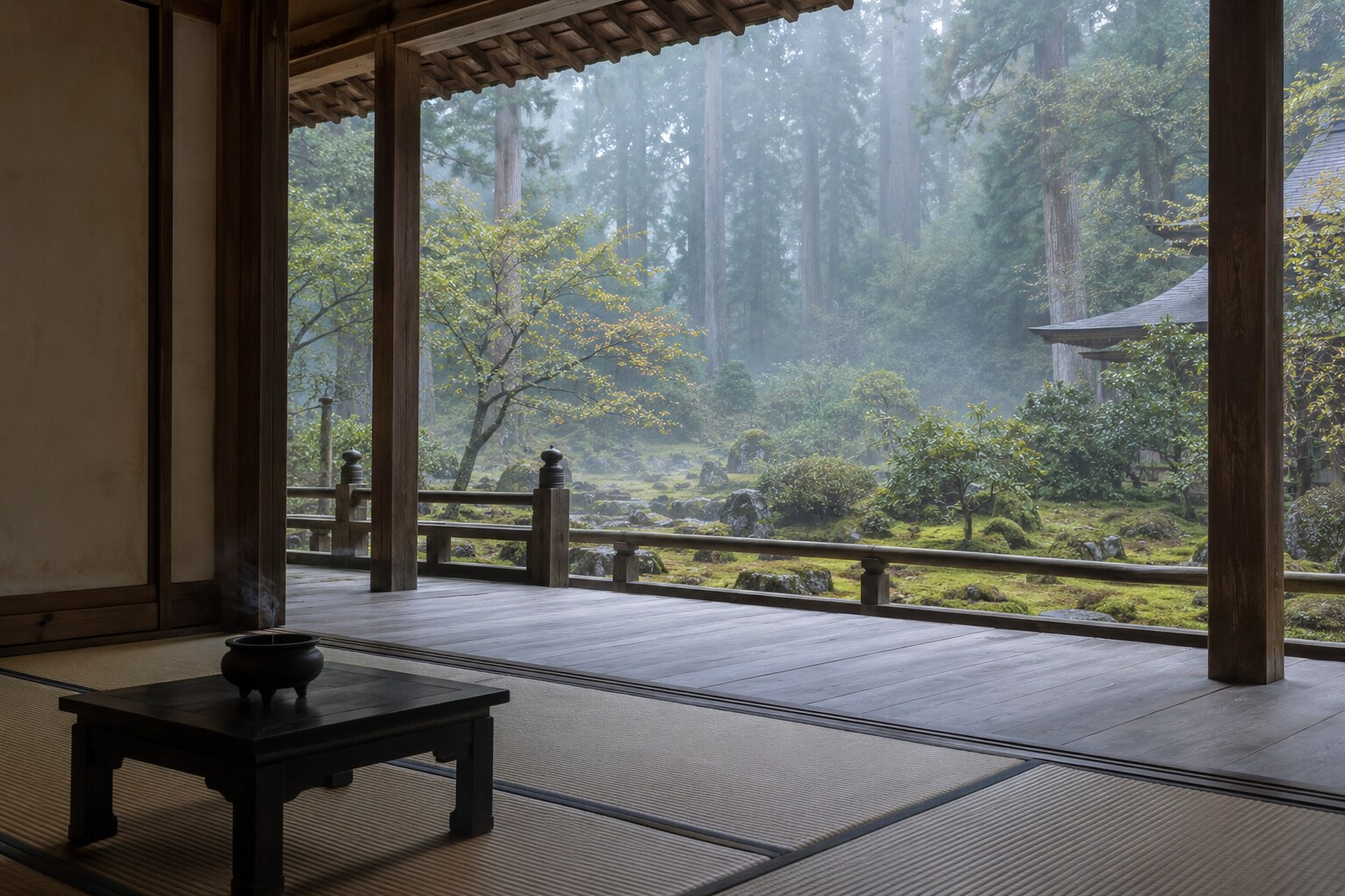 肖像が伝えられる寺の静けさを想像したイメージ。持明院の実景ではない(AI生成イメージ)