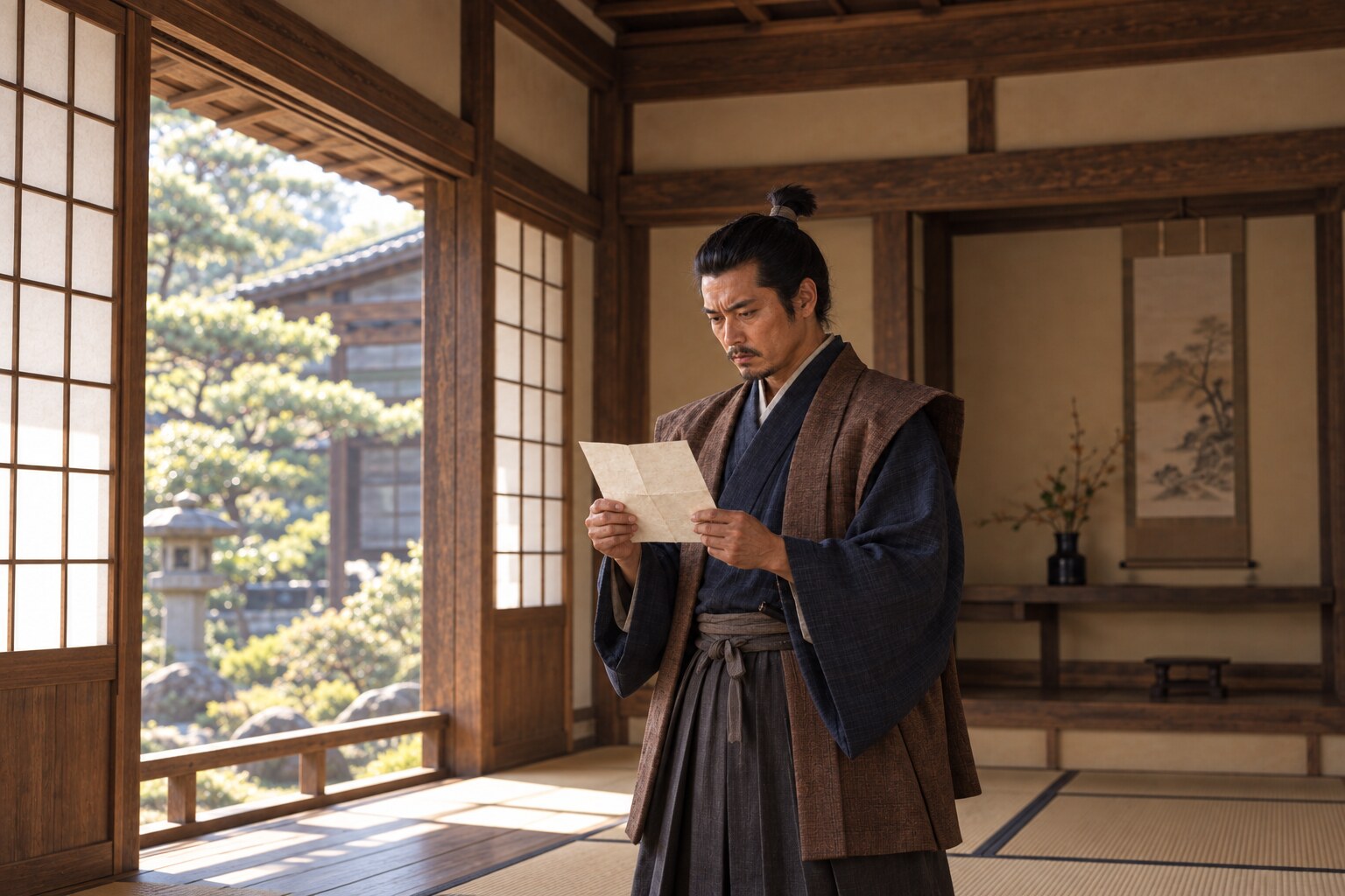 書状を確かめる直政の想像場面(AI生成イメージ)